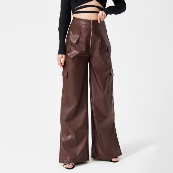Fashion PU Trousers Metal Zipper Pocket Long Pants - Image 8