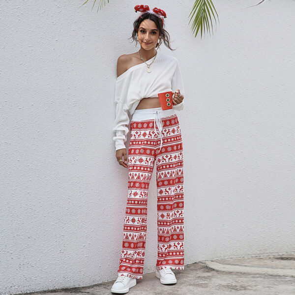 Christmas Print Pants Women Fashion Casual Drawstring Trousers With Christmas Snowflake Tree Elk Print - Image 6