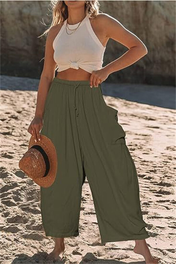 Fashion Wide Leg Pants Summer Loose Elastic High Waist Pleated Trousers Solid Color Womens Clothing - Image 4