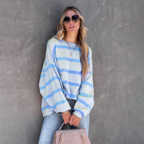 Women's Fashion Striped Printed Long Sleeve Casual Loose Top - Image 2