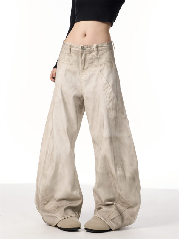 Retro Distressed Dirty White Wide Leg Pants Casual Trousers - Image 2