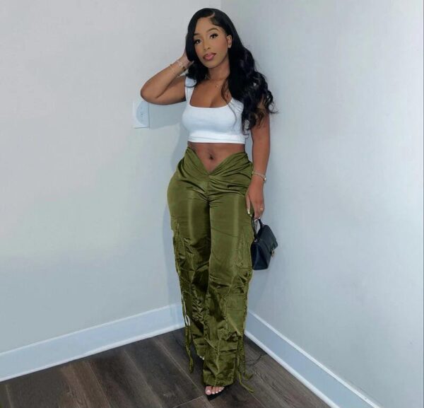 Women's Zipper Closure Strap Solid Color Green Casual Trousers - Image 4