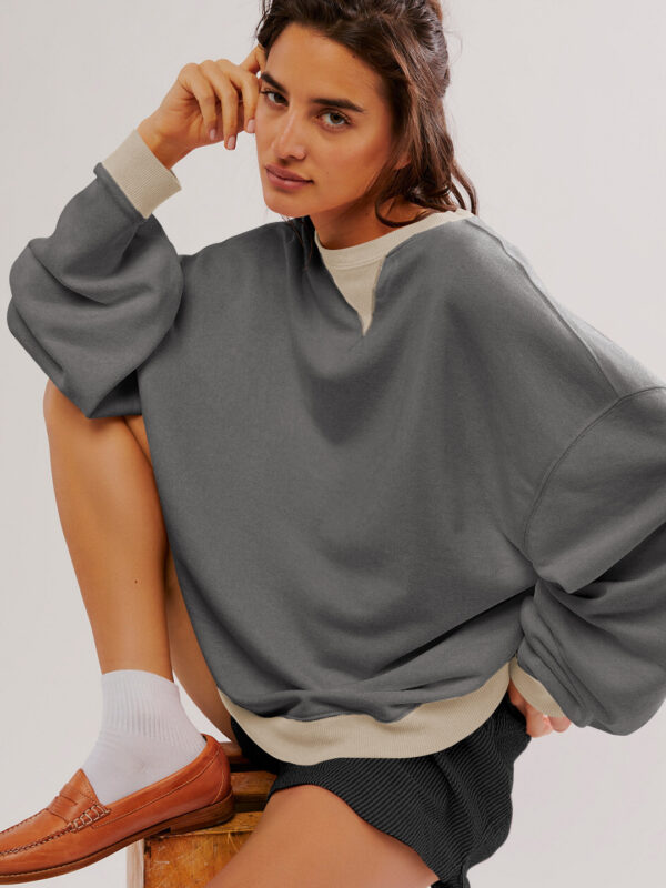 Fashion Color-matching Pullover Sweatshirt Street Casual Loose Lantern Sleeve Tops Sports Womens Clothing - Image 7