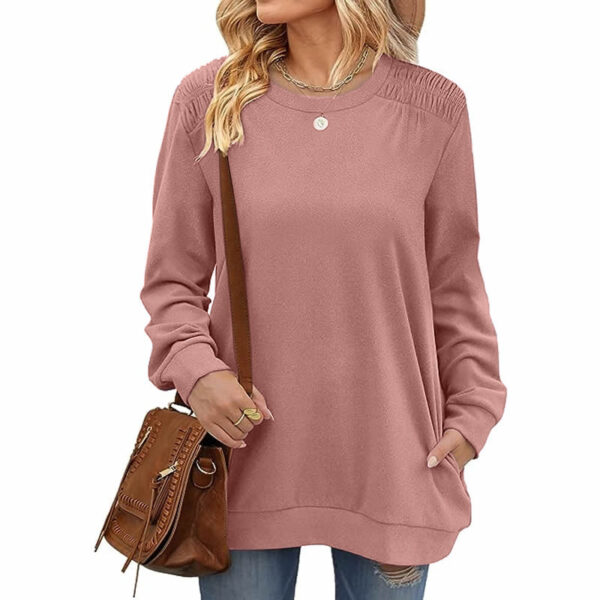 Fashion Long Sleeve Pullover Sweatshirt With Pockets Casual Loose Solid Color Top Womens Clothing - Image 8