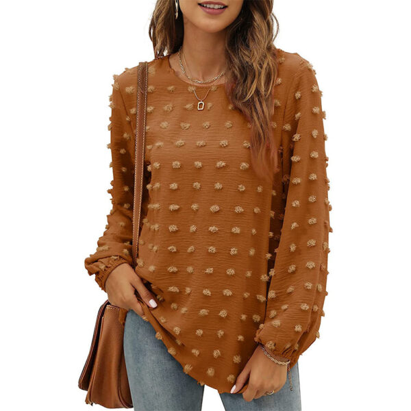 Fashion Jacquard Long-sleeved Round Neck T-shirt Casual Loose Pullover Top Womens Clothing - Image 4
