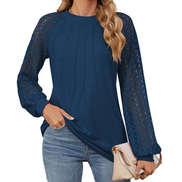 New Lace Long Sleeve Round Neck T-shirt Fashion Loose Solid Color Pullover Top For Womens Clothing - Image 6