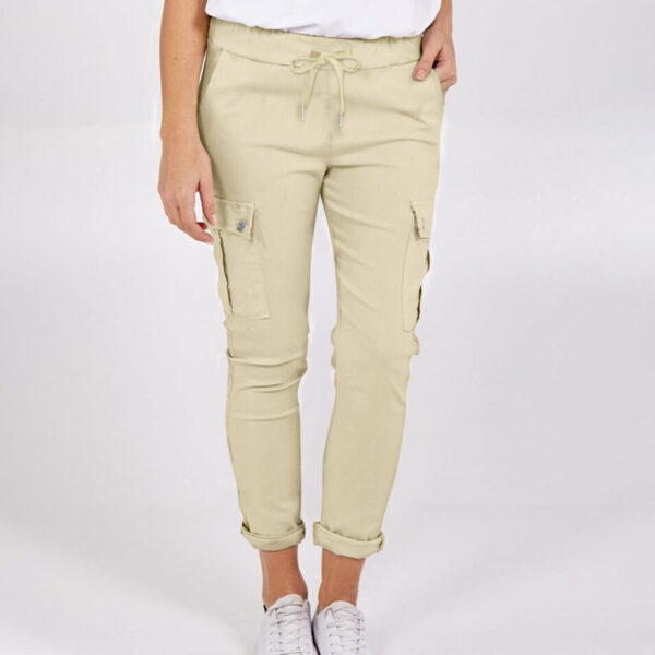 Casual Cargo Pants With Pockets Solid Color Drawstring Waist Pencil Trousers For Women - Image 2