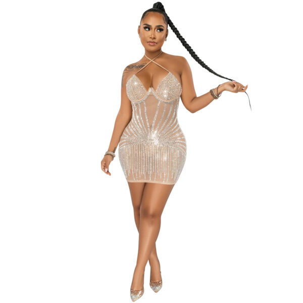 Sling Wrapped Chest Rhinestone Mesh Perspective Skirt Dress - Image 6