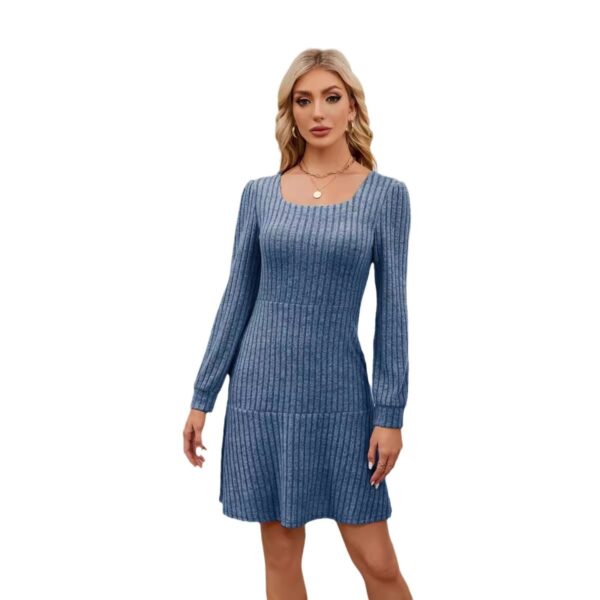 Woman Square-neck Lantern Sleeve Pocket Long Sleeve Dress - Image 3
