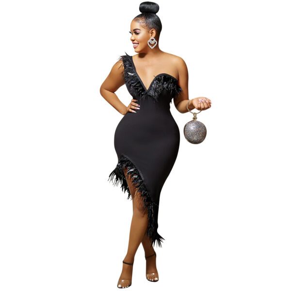 V-neck Sleeveless Chest Feather Irregular Midi Dress - Image 5