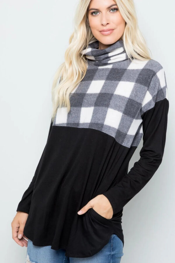 Celeste Full Size Pocketed Plaid Turtleneck Long Sleeve Blouse - Image 2