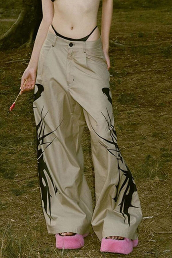 Street Print Color Contrast Loose Low Waist Casual Woven Pants - Image 3