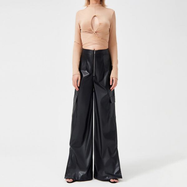 Fashion PU Trousers Metal Zipper Pocket Long Pants - Image 5