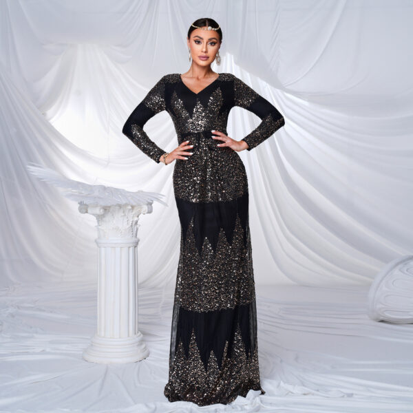 Long Sleeve V-neck Sexy Slim-fit Long Sequined Banquet Evening Dress - Image 3