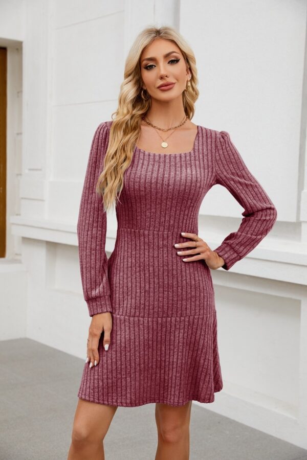 Woman Square-neck Lantern Sleeve Pocket Long Sleeve Dress - Image 9