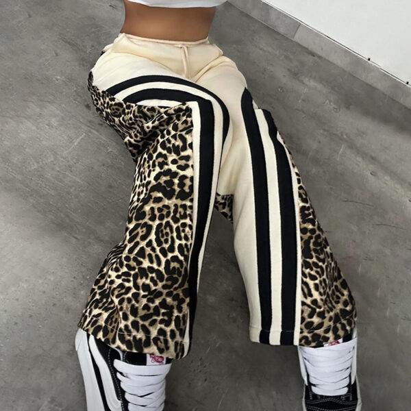 Printed Striped Color Matching High Waist Loose Trousers For Women - Image 3