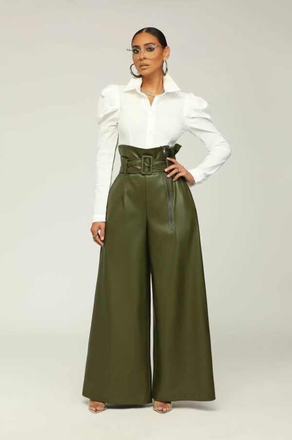 High Waist PU Leather Pants Metal Belt Wide Leg Trousers - Image 6