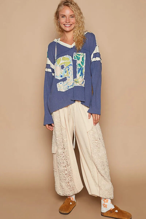 POL Exposed Seam Number Patch V-Neck Hooded Top - Image 5