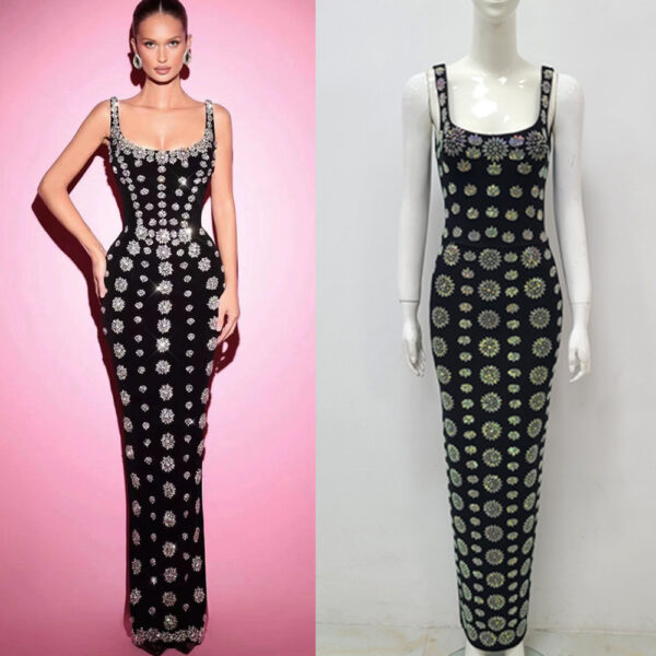 Black Sleeveless U-neck Rhinestone Elegant Slim Bandage DressEvening Dress - Image 7
