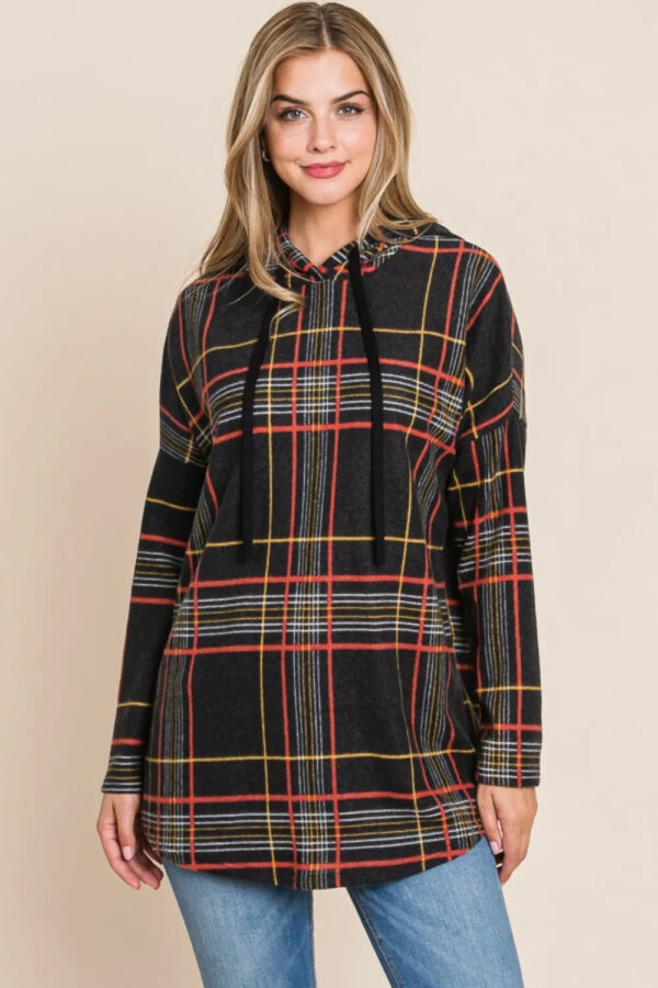 BOMBOM Drawstring Plaid Long Sleeve Hoodie - Image 5