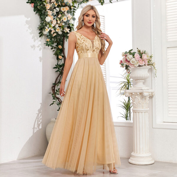 Patchwork Stretch Waist Sleeveless Double V-neck Evening Dress - Image 8