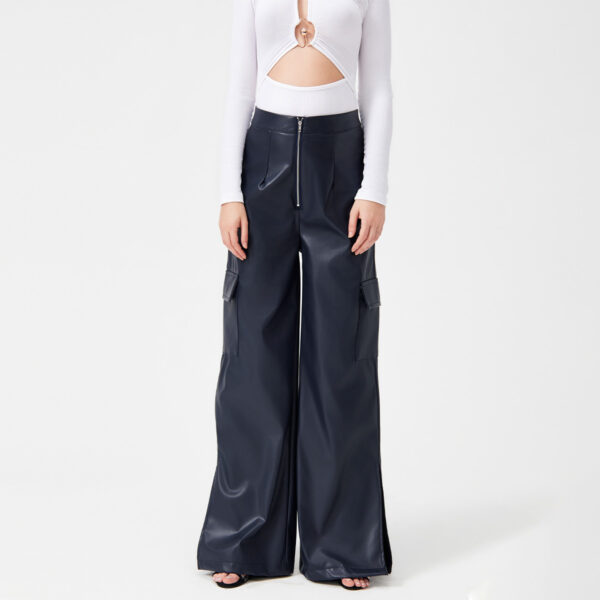 Fashion PU Trousers Metal Zipper Pocket Long Pants - Image 10