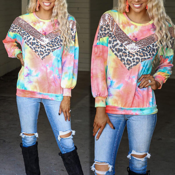 Tie-Dye Printed Leopard Print Stitching Long-Sleeved Loose Sweater - Image 2