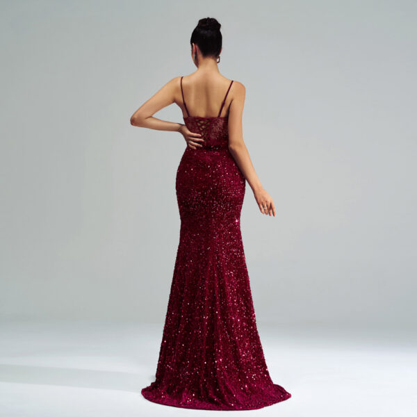Spaghetti Straps Sleeveless Sequined High Slit Evening Dress - Image 4