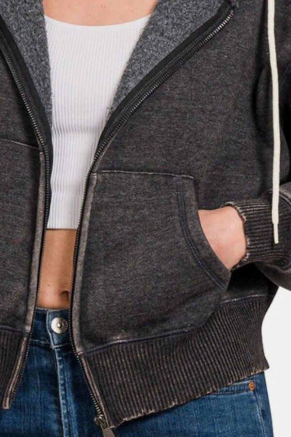 Zenana Acid Wash Fleece Zip-Up Cropped Hoodie - Image 2