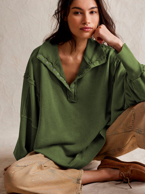 Fashion Button Lapel Sweatshirt With Slit Design Casual Sports Lantern Sleeve Pullover Top Sportswear For Womens Clothing - Image 8
