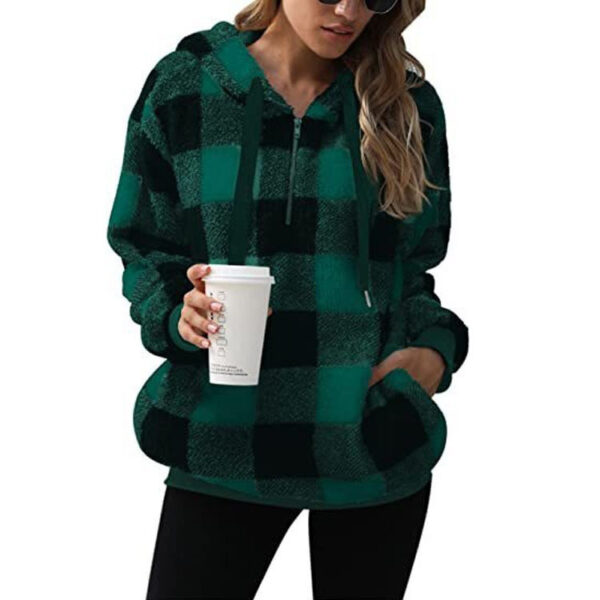 Fashion Plaid Hooded Sweatshirt With Pockets Casual Zipper Plush Tops For Womens Clothing - Image 3