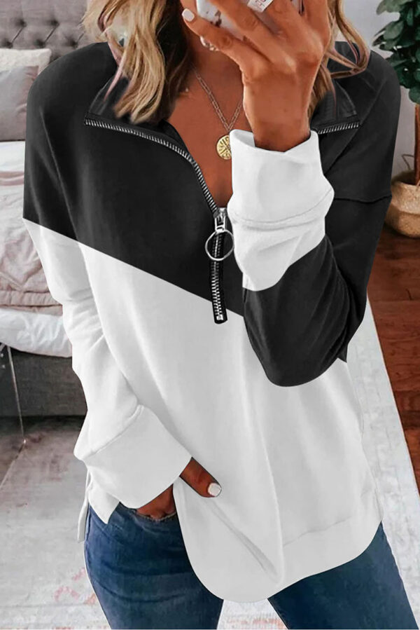 Contrast Color Zip Pullover Sweatshirt Loose Versatile Long Sleeve Top - Image 2