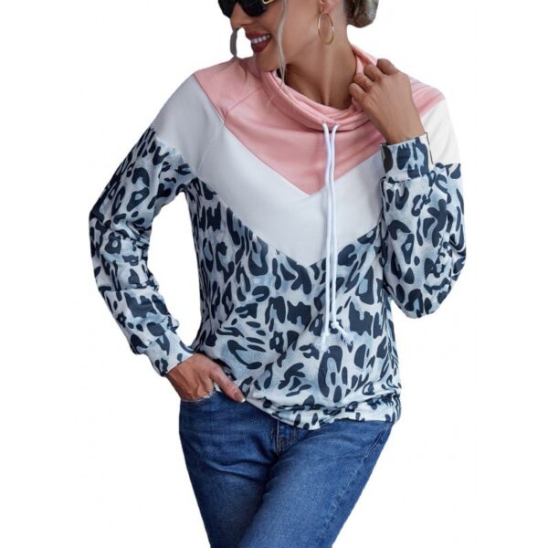 Leopard Print Contrast Color Patchwork Pullover Hooded Sweater Top Women - Image 4
