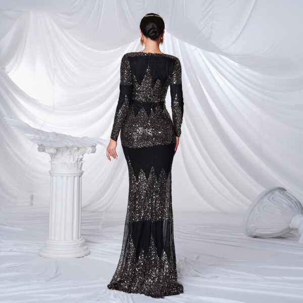 Long Sleeve V-neck Sexy Slim-fit Long Sequined Banquet Evening Dress - Image 4