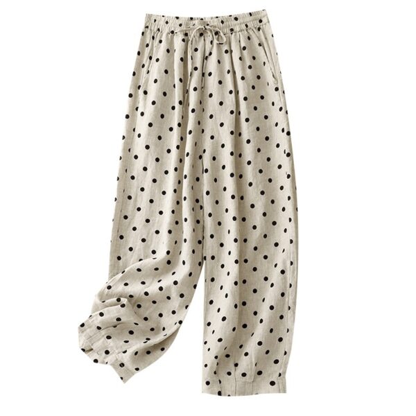 Cotton Hemp Polka Dots Tied Elastic Waist Harem Pants For Women - Image 3