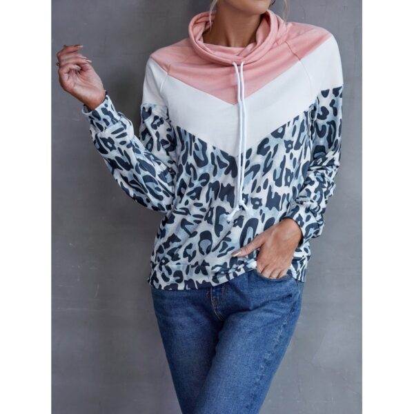 Leopard Print Contrast Color Patchwork Pullover Hooded Sweater Top Women - Image 2