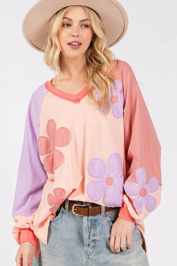 SAGE  FIG Full Size  Applique Patch Color Block Long Sleeve Top - Image 6