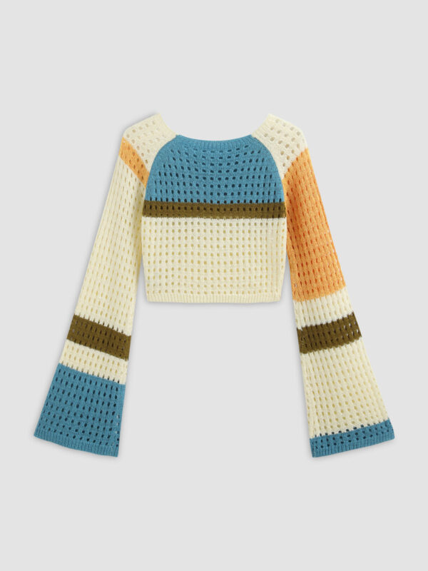 2023 Contrasting Color Stitching Long -sleeved Hollow Sweater Short Waist Knit Sweater - Image 5