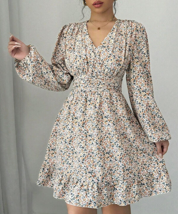 Printed V-neck Long-sleeve Dress Women - Image 4