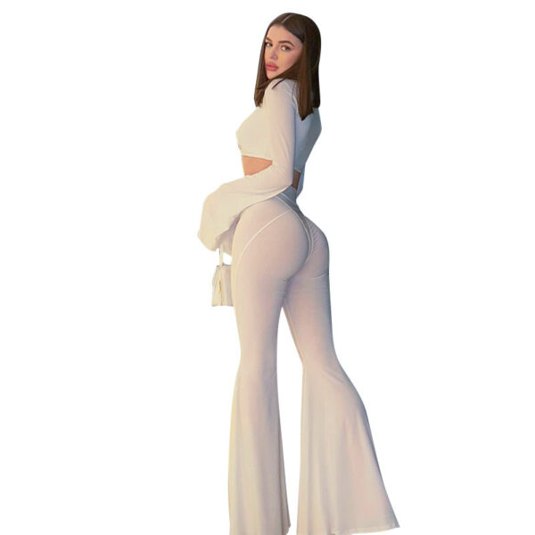 See-through Solid Color High Waist Tight Speaker Long Sleeve Slacks - Image 3