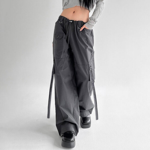 Hip-hop Style Street Handsome Floating Belt Elastic Low Waist Casual Pants With Multiple Pockets Thin Work Straight Woven Pants - Image 2