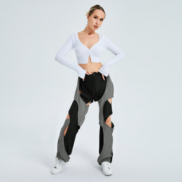 Sports Fashion High Waist Lace-up Color Contrast Breasted Loose Casual Woven Pants - Image 4