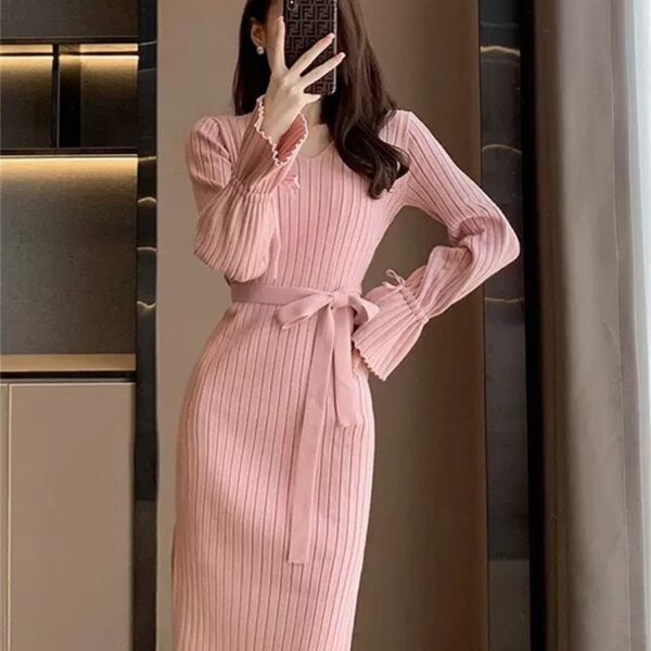Bell Sleeve Solid Color Knitted Dress Autumn And Winter - Image 9