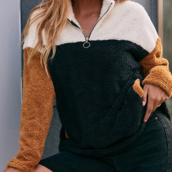 Double Sided Plush Contrast Panel Pocket Sweatshirt - Image 6