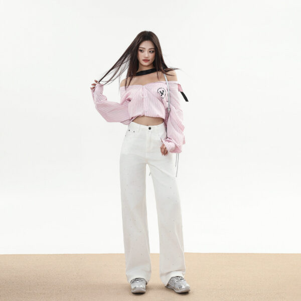 Winter Trend Rhinestone White Soft Wide Leg Mopping Jeans Trousers Lengthened - Image 7