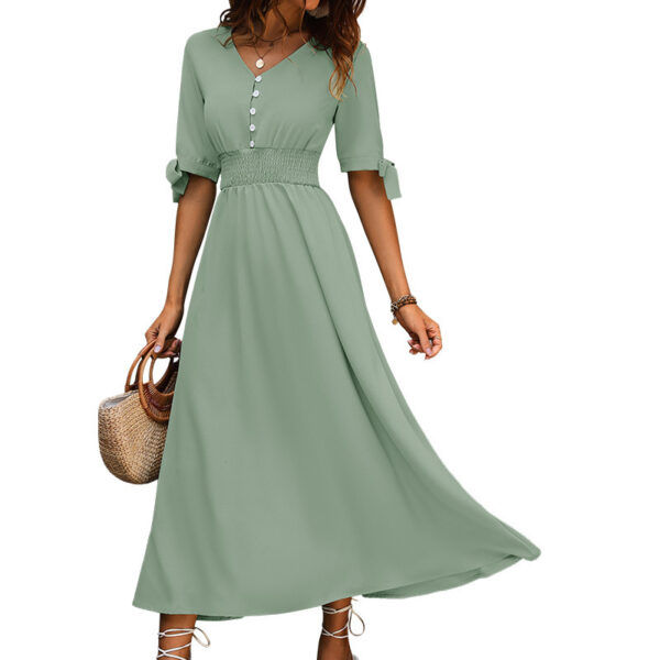 High Waist Smocking Buckle V-neck Women's Dress - Image 3