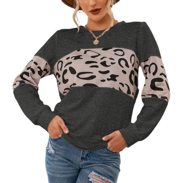 Knitted Leopard Print Pullover Round Neck Contrast Color Patchwork Sweatshirt Women - Image 5