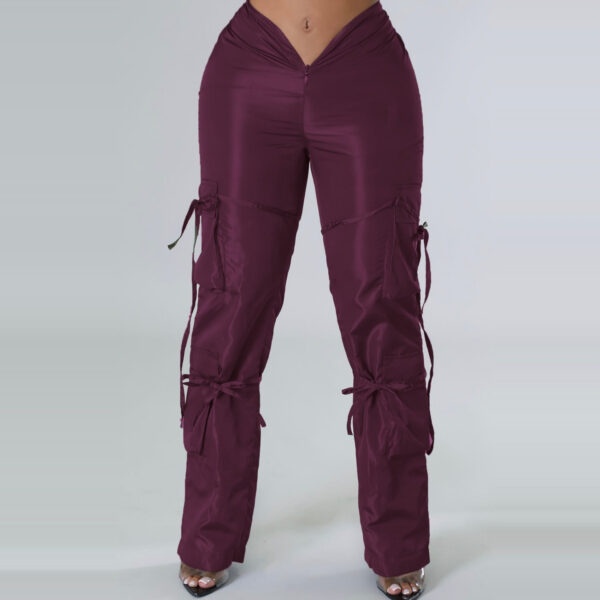 Women's Zipper Closure Strap Solid Color Green Casual Trousers - Image 2