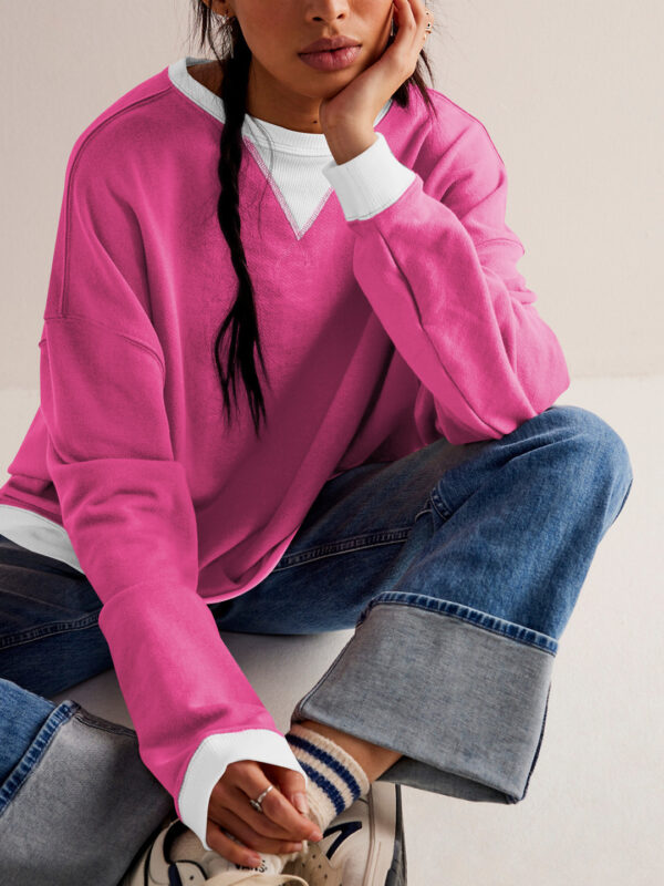 Fashion Color-matching Pullover Sweatshirt Street Casual Loose Lantern Sleeve Tops Sports Womens Clothing - Image 5