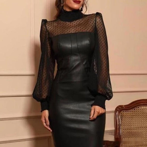 Black Mesh Stitching Tight Leather Skirt - Image 6
